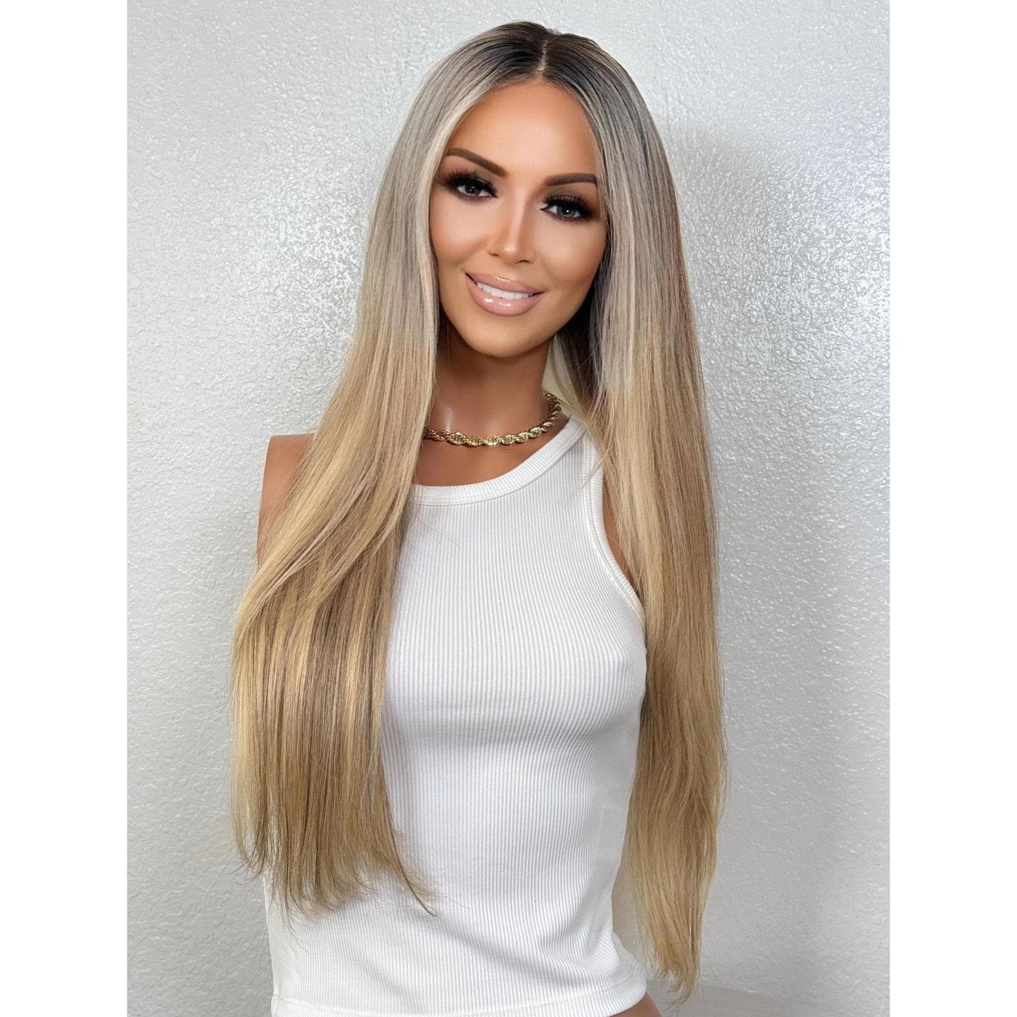 "KELLY" HUMAN HAIR LACE TOP WIG 22" - BLONDE ROOT SMUDGE