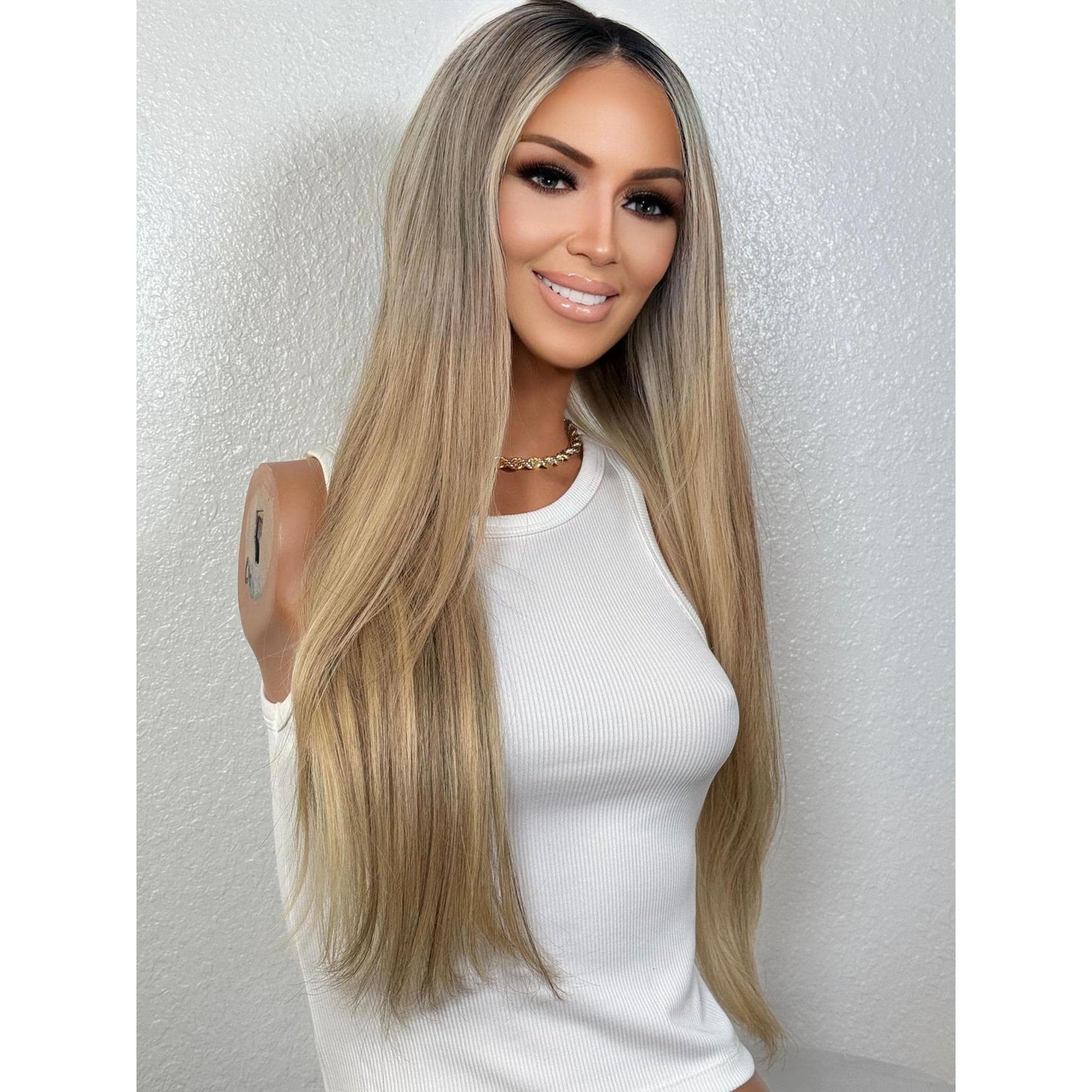 "KELLY" HUMAN HAIR LACE TOP WIG 22" - BLONDE ROOT SMUDGE