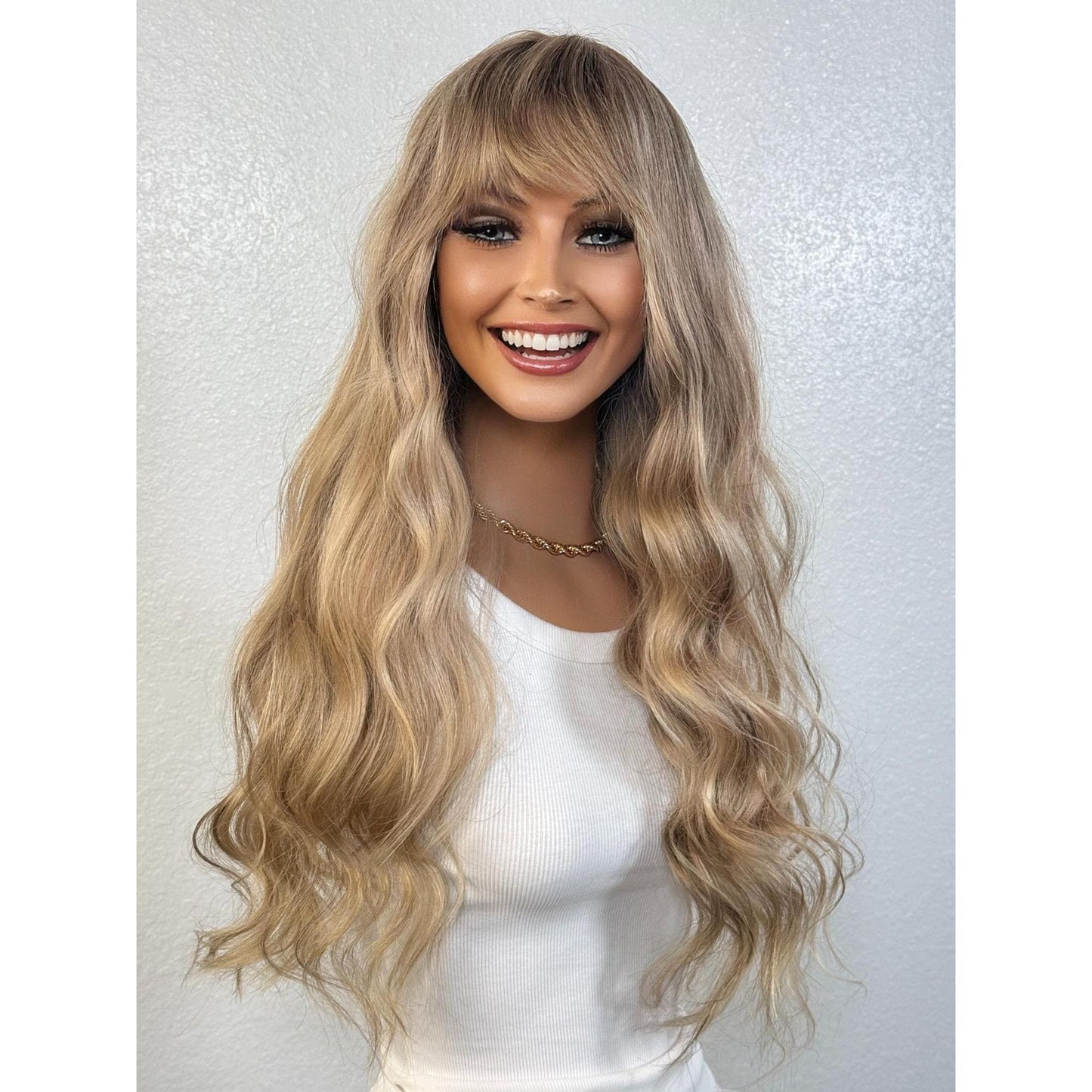 "MILEY" HUMAN HAIR LACE TOP WIG 22" - BLONDE FRINGE BANGS