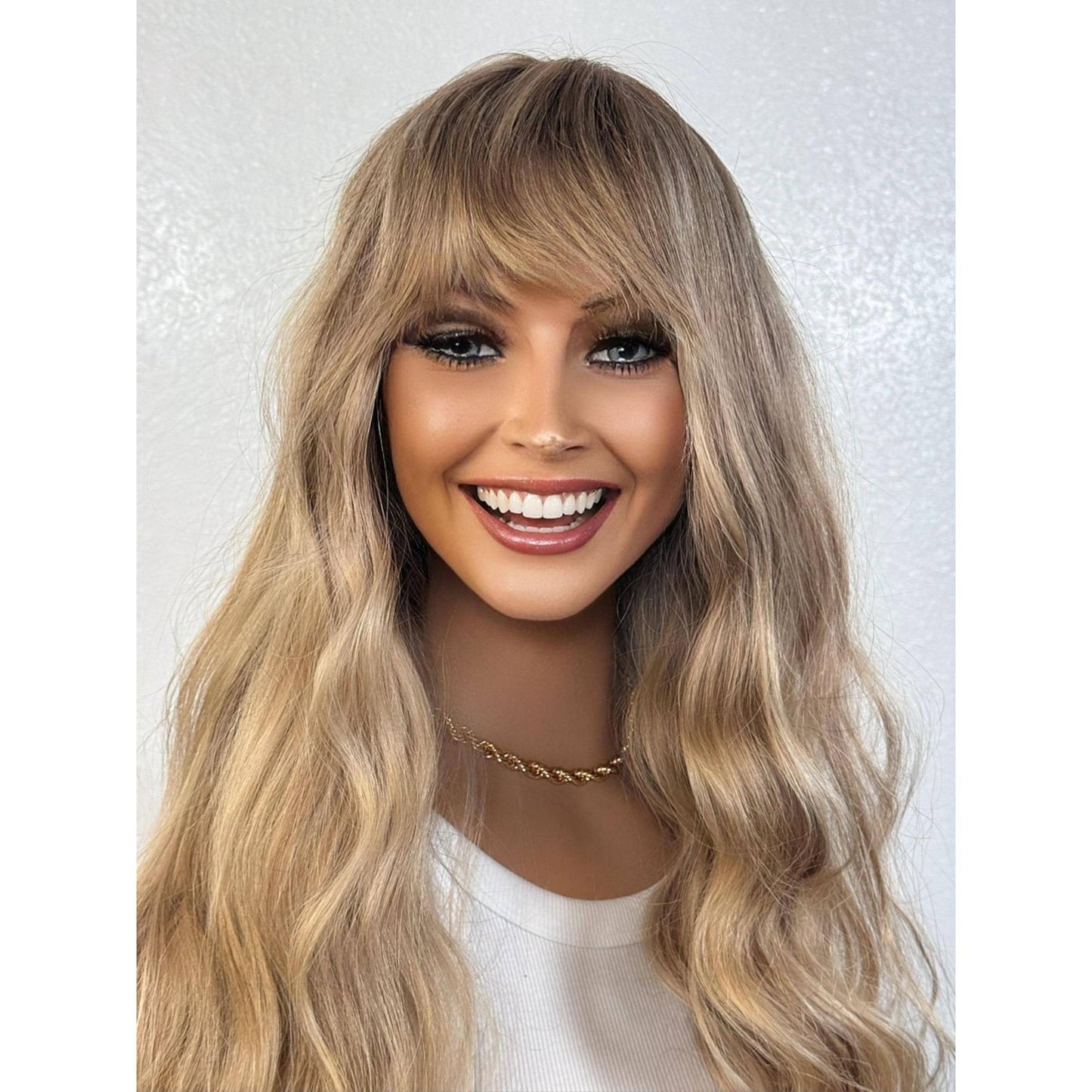 "MILEY" HUMAN HAIR LACE TOP WIG 22" - BLONDE FRINGE BANGS