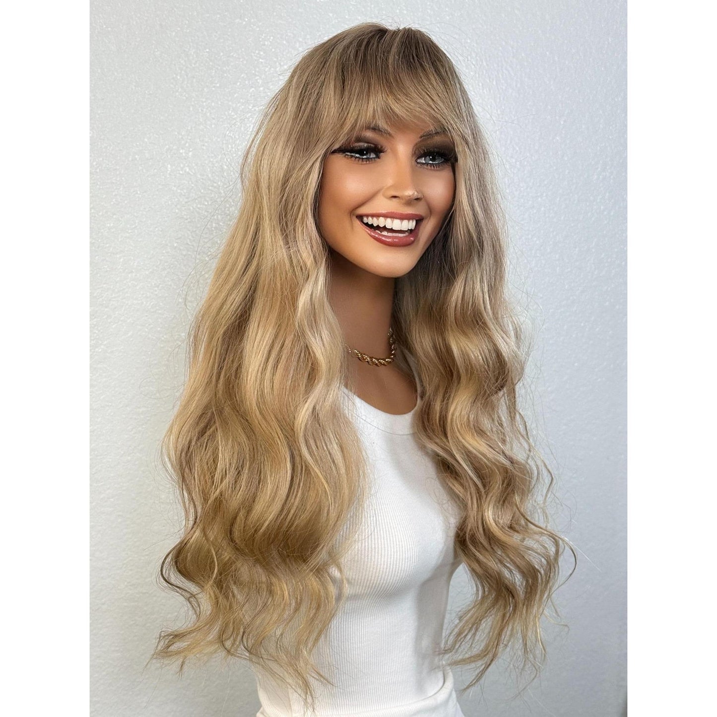 "MILEY" HUMAN HAIR LACE TOP WIG 22" - BLONDE FRINGE BANGS