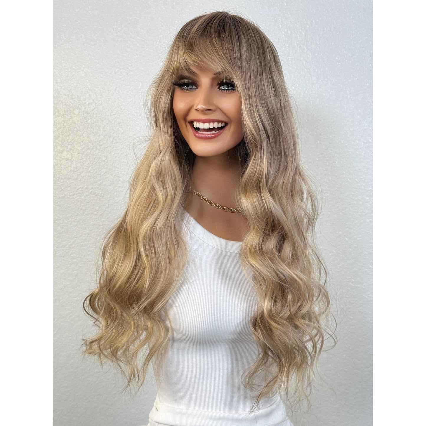 "MILEY" HUMAN HAIR LACE TOP WIG 22" - BLONDE FRINGE BANGS