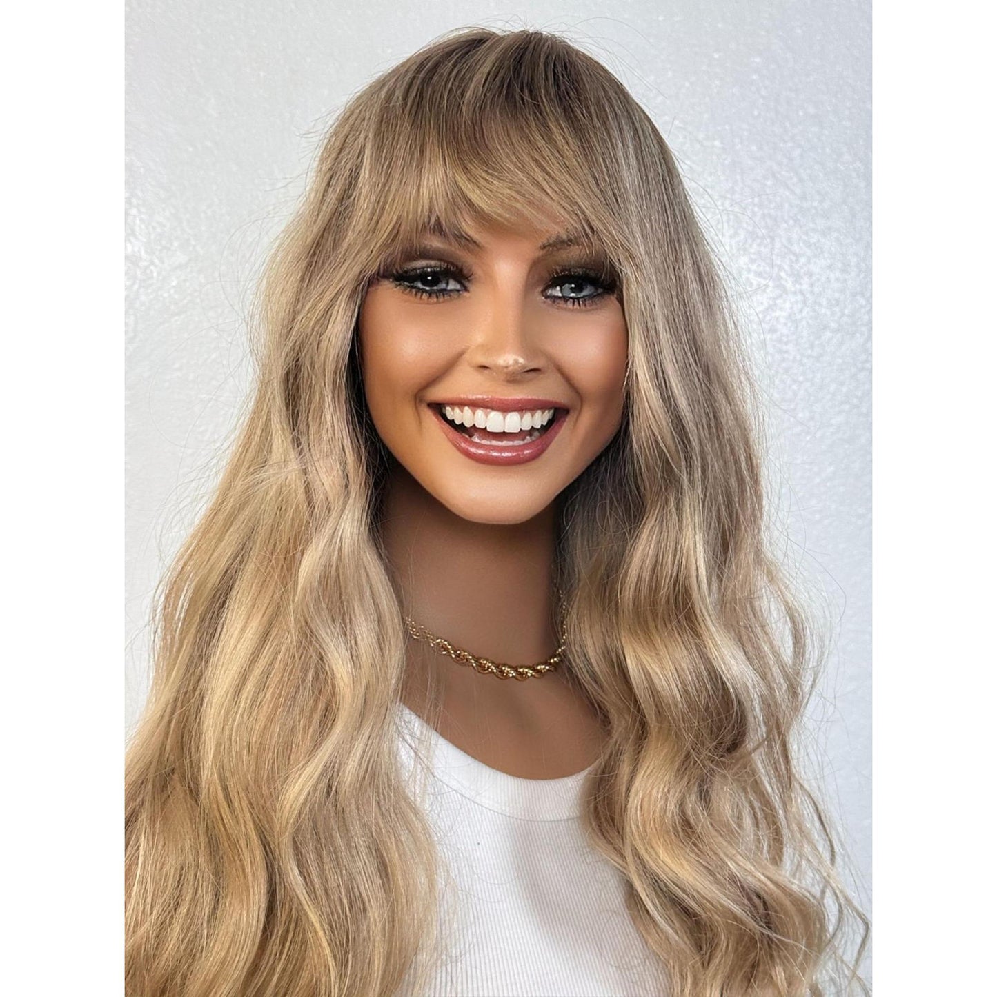 "MILEY" HUMAN HAIR LACE TOP WIG 22" - BLONDE FRINGE BANGS