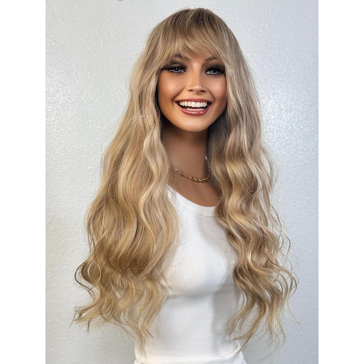 "MILEY" HUMAN HAIR LACE TOP WIG 22" - BLONDE FRINGE BANGS