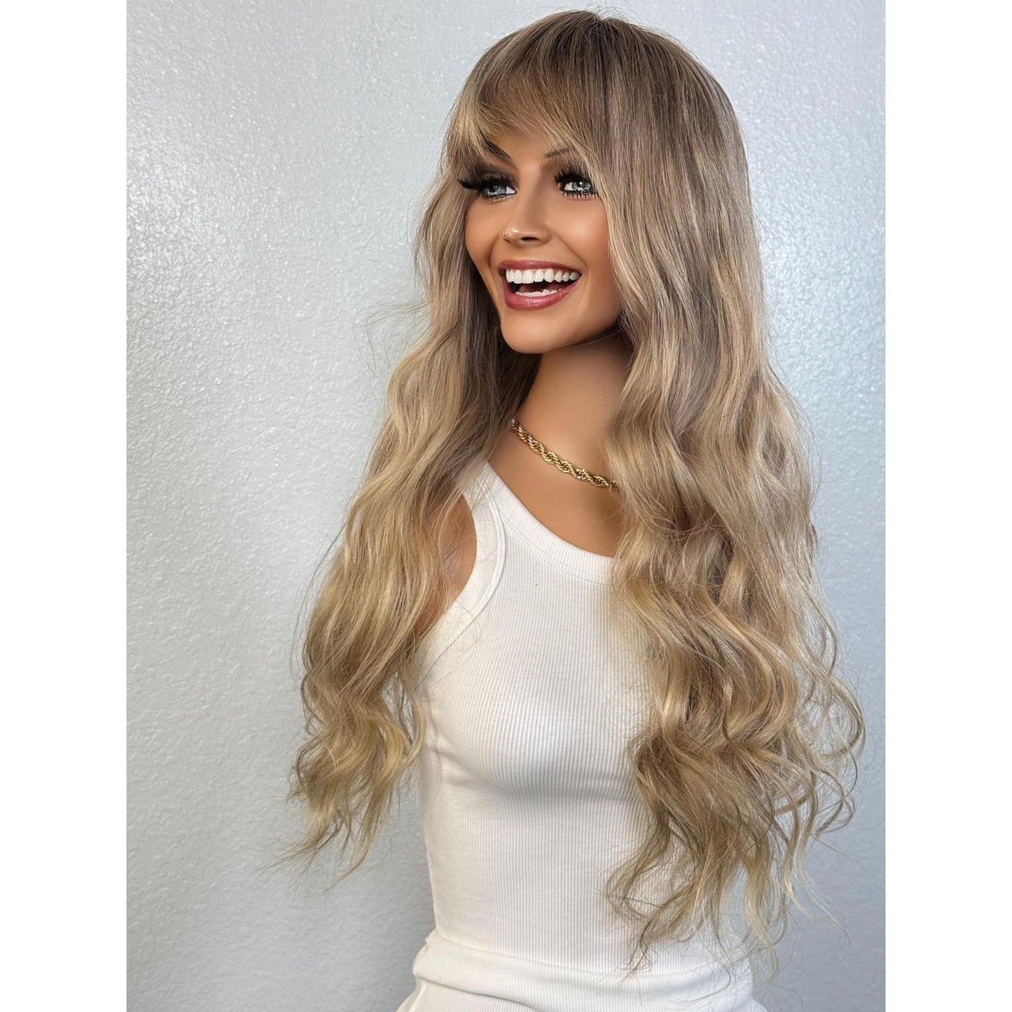 "MILEY" HUMAN HAIR LACE TOP WIG 22" - BLONDE FRINGE BANGS