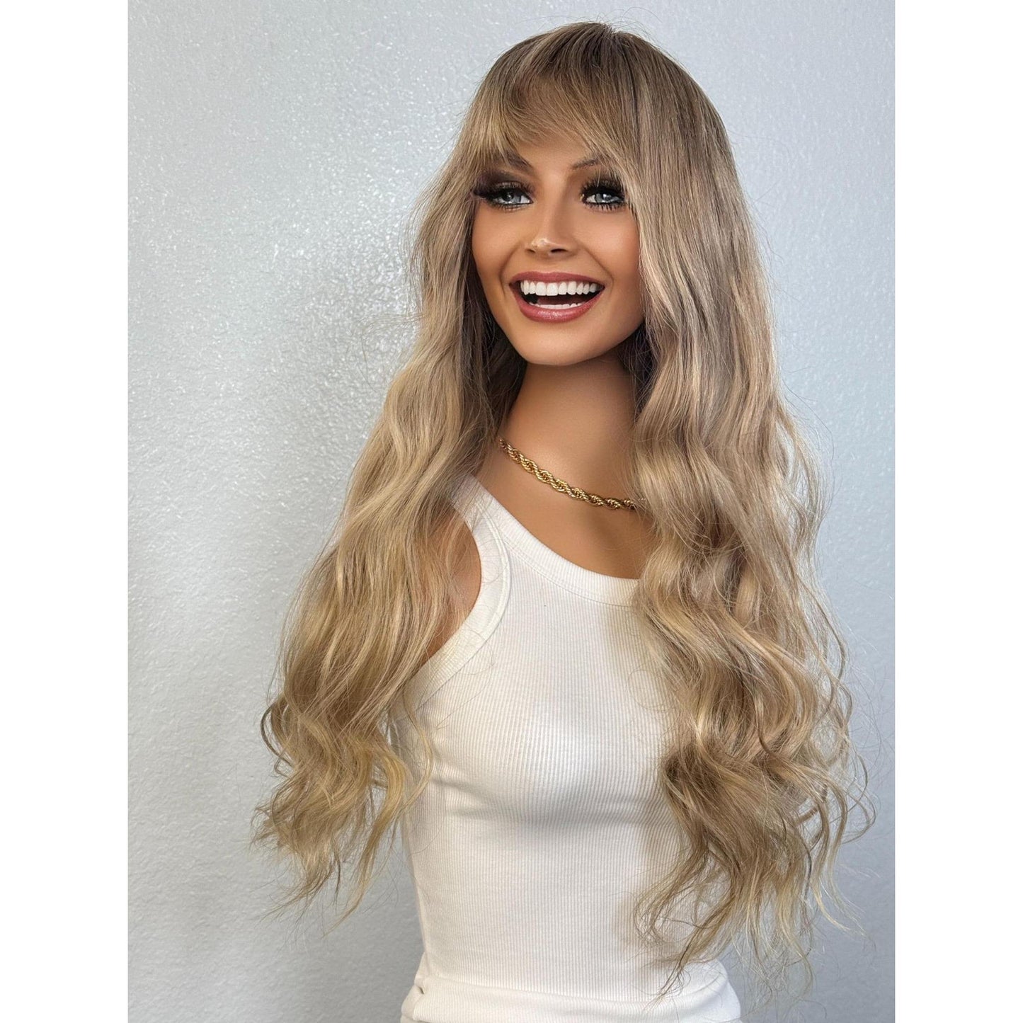 "MILEY" HUMAN HAIR LACE TOP WIG 22" - BLONDE FRINGE BANGS