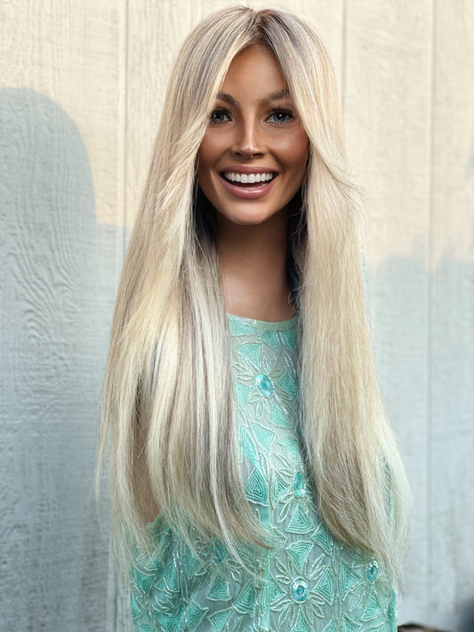 “DAWN” 18 inch Lace Top Wig Blonde Softly Rooted Layered Curtain Bangs Virgin Premium Human Hair