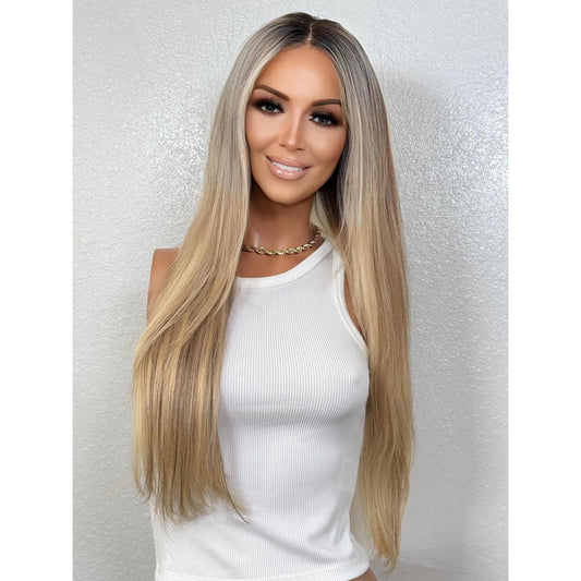 "KELLY" HUMAN HAIR LACE TOP WIG 22" - BLONDE ROOT SMUDGE