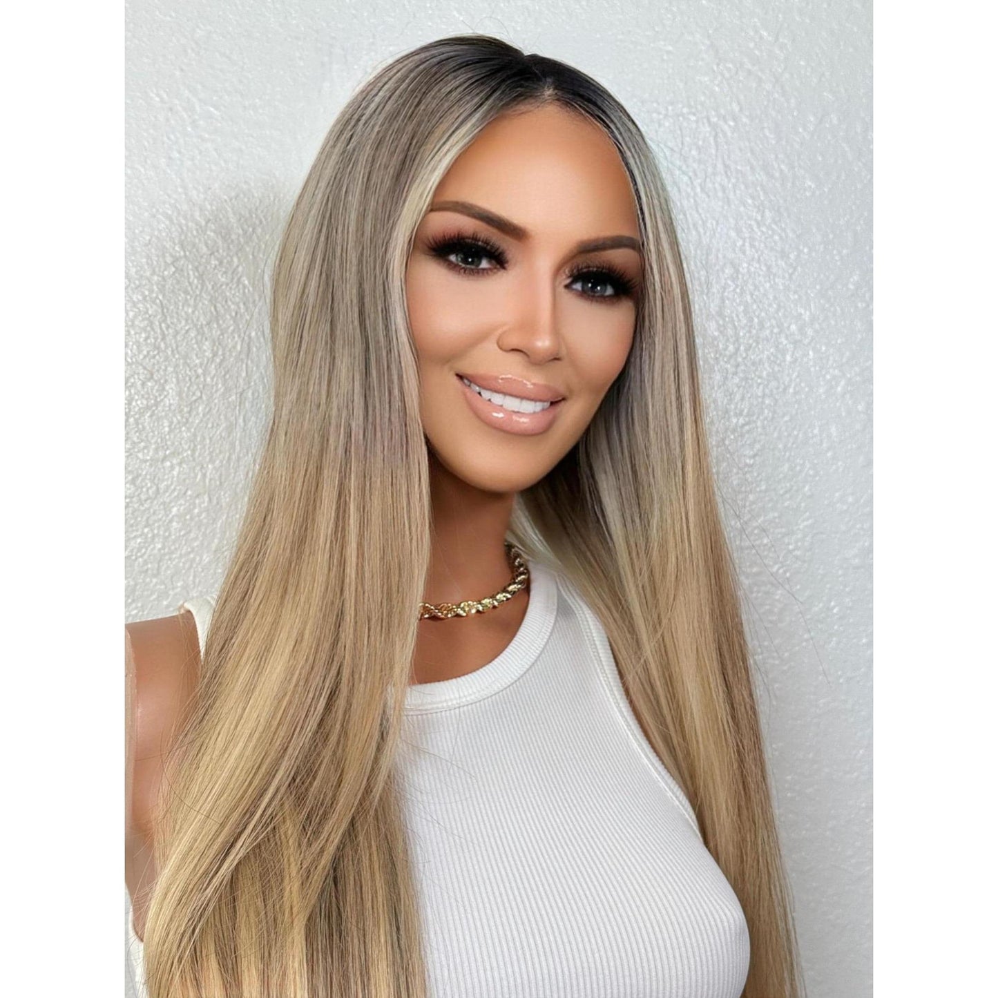 "KELLY" HUMAN HAIR LACE TOP WIG 22" - BLONDE ROOT SMUDGE