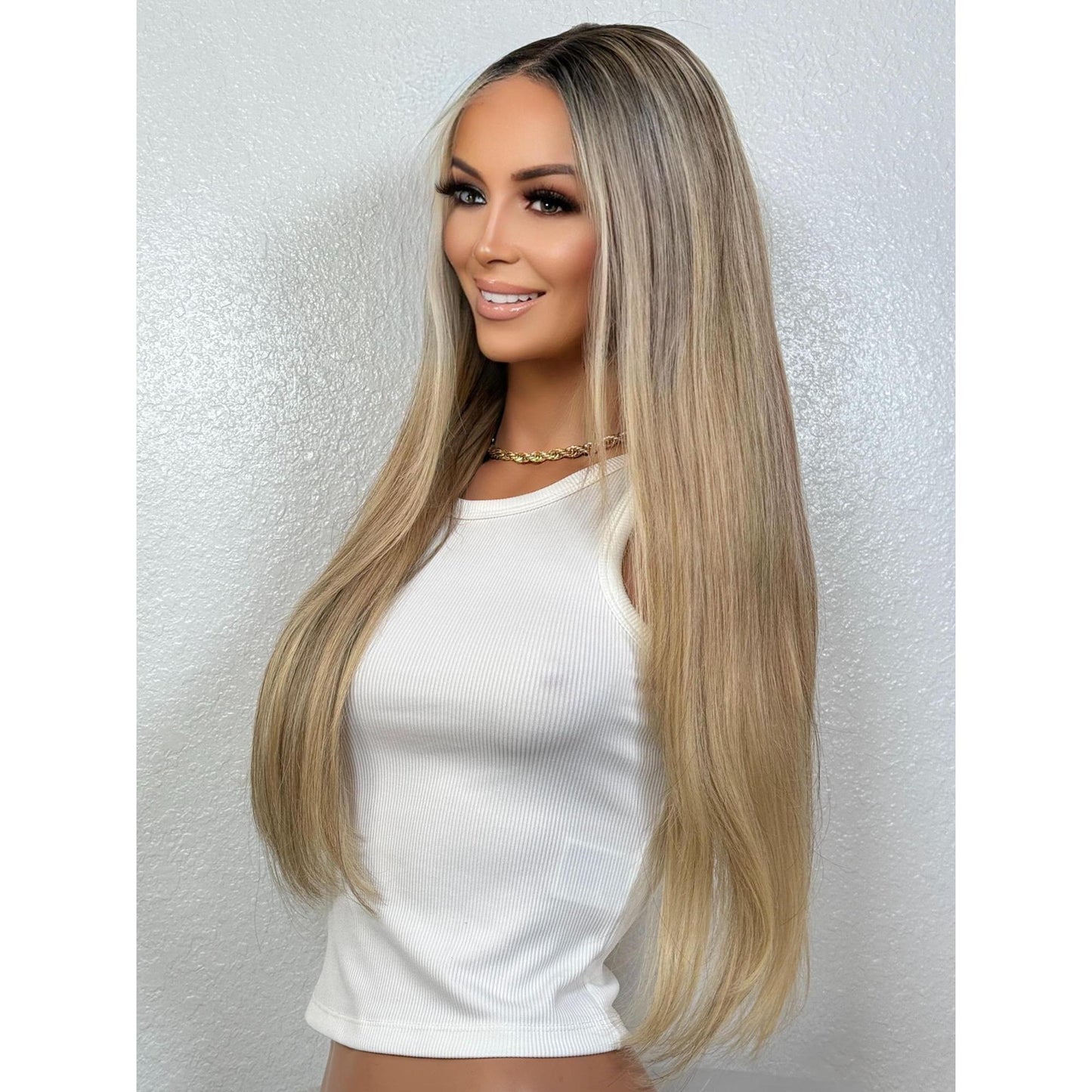 "KELLY" HUMAN HAIR LACE TOP WIG 22" - BLONDE ROOT SMUDGE