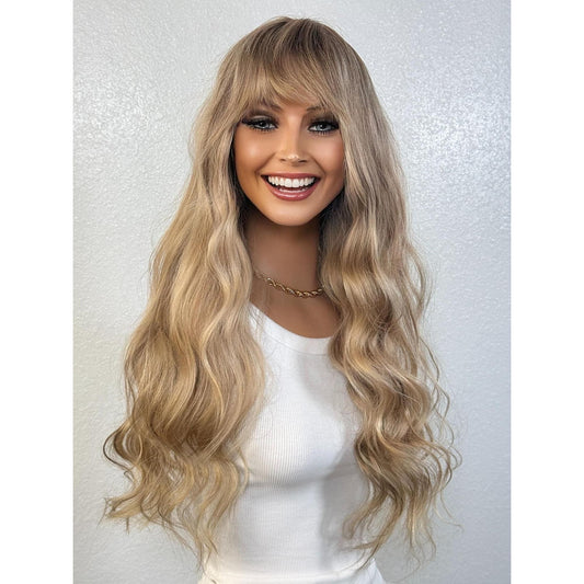 "MILEY" HUMAN HAIR LACE TOP WIG 22" - BLONDE FRINGE BANGS